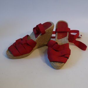 Womens Donna Karan Red Strappy Wrap Ankle Espadrille Wedge Heels 7.5 *